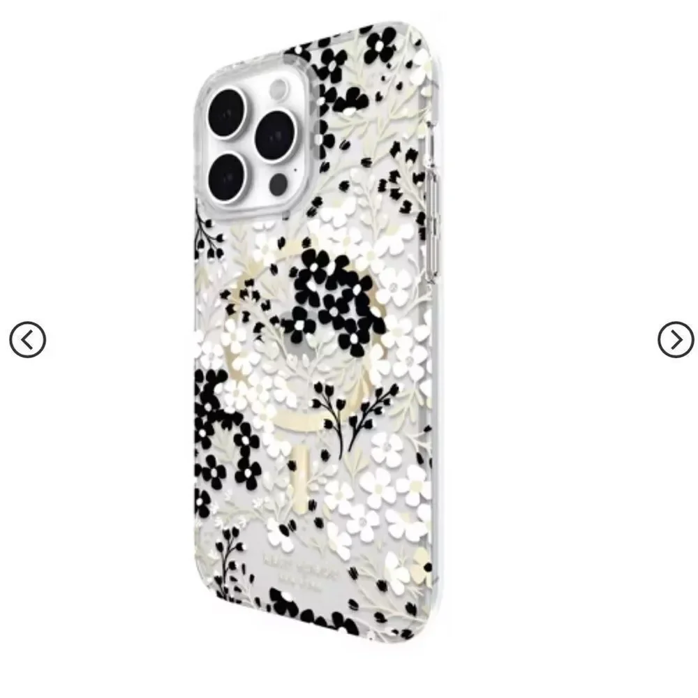 Kate Spade iPhone 15 Plus Protective Case MagSafe Black & White Floral Gems